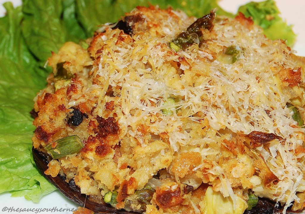 Asparagus and Artichoke Stuffed Portobellos recipe, stuffed mushroom recipe, mushrooms stuffed with artichoke and asparagus recipe, Stuffed portobellos recipe