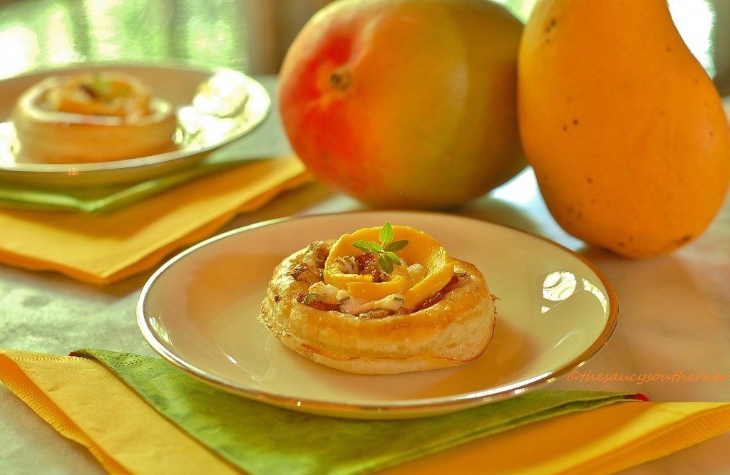 Mango, Thyme, Goat Cheese, Tart  recipe, Caramelized Onion Bacon, Puff Pastry Tart, Recipe, Mango Tart Recipe