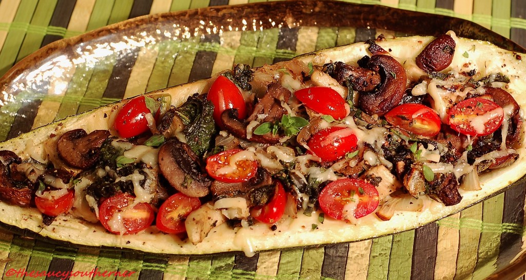 Zucchini Boats Recipe, large zucchini recipe, zucchini mushroom onion garlic tomato parmesan spinach recipe