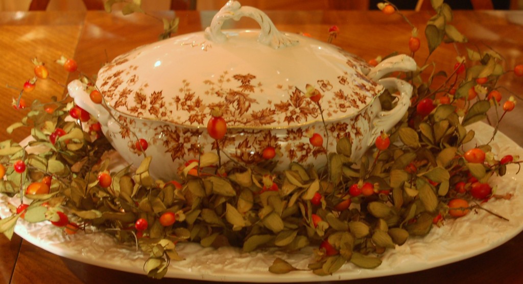 An antique English soup tureen for the dining room table.