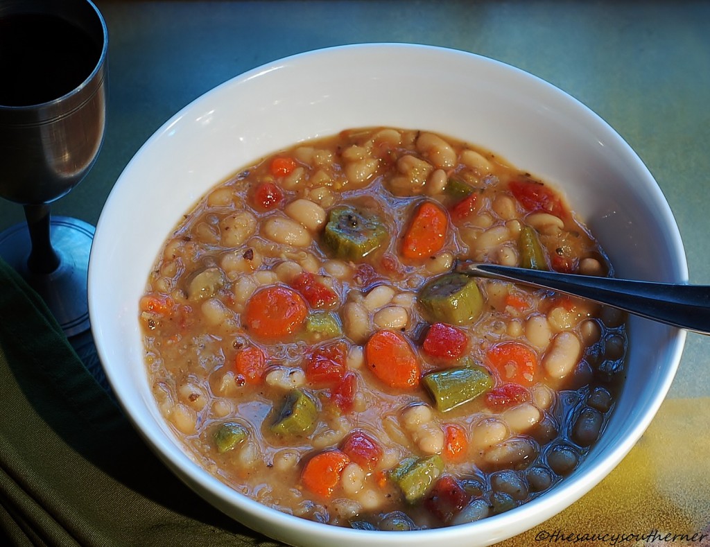 White Bean Stew recipe, okra, carrots tomatoes meatless monday