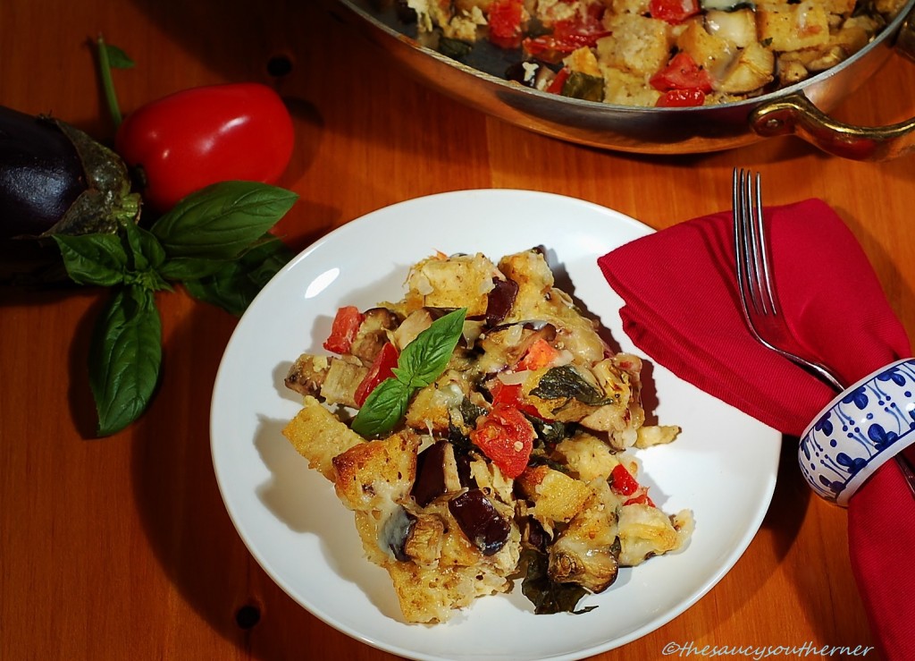 Eggplant Tomato Basil Bread Pudding recipe, Breaded eggplant casserole recipe