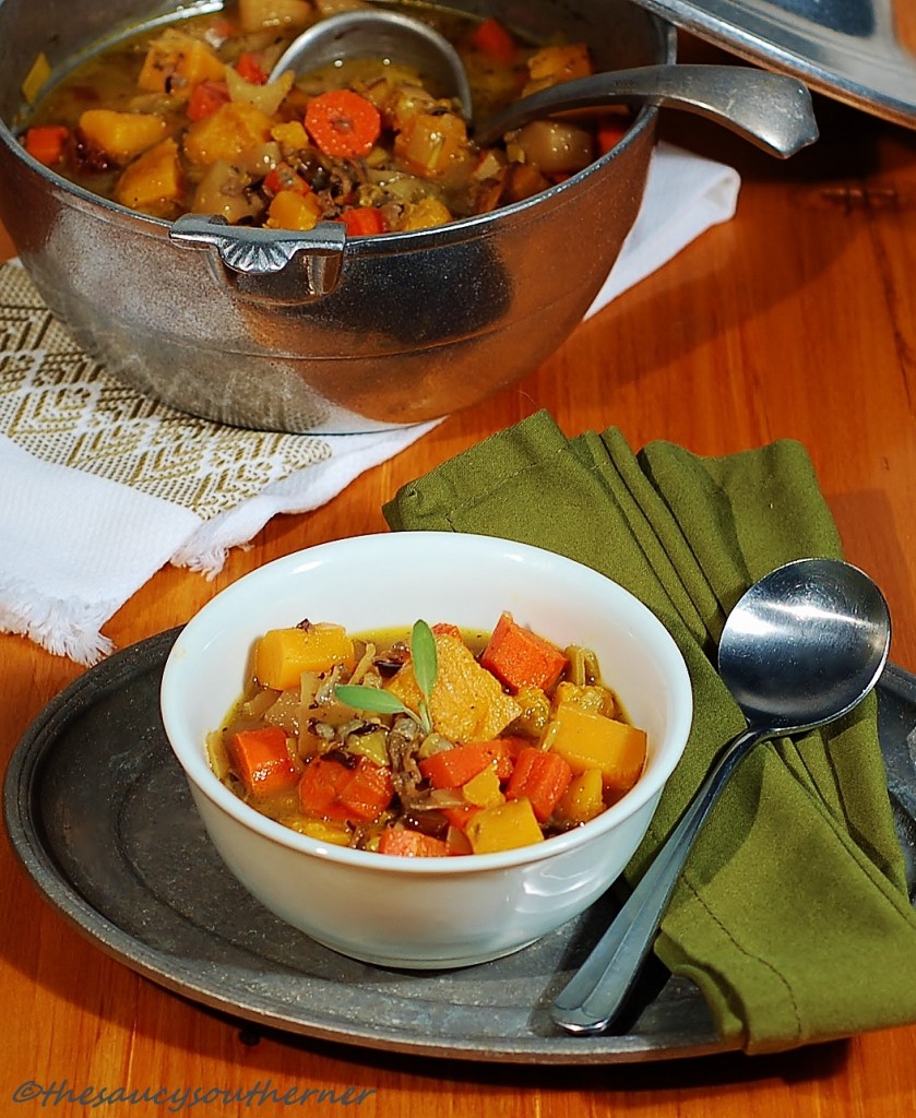 Butternut Squash, Carrot, Apple Stew with Leeks and Wild Rice recipe, sherry, sage, thyme