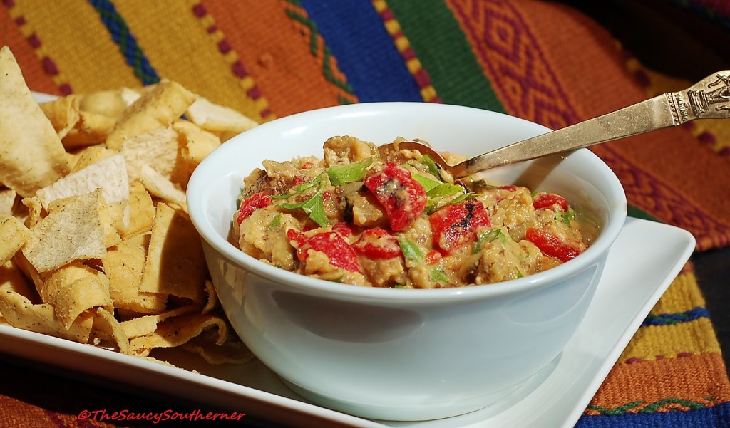 Roasted Eggplant and Red Pepper Dip recipe, Modified Baba Ghanoush recipe, chunky eggplant dip recipe