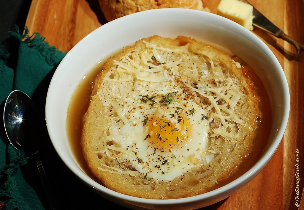 Poached Egg Soup Recipe, broth, toast, parmesan cheese, thyme, easy, frugal,