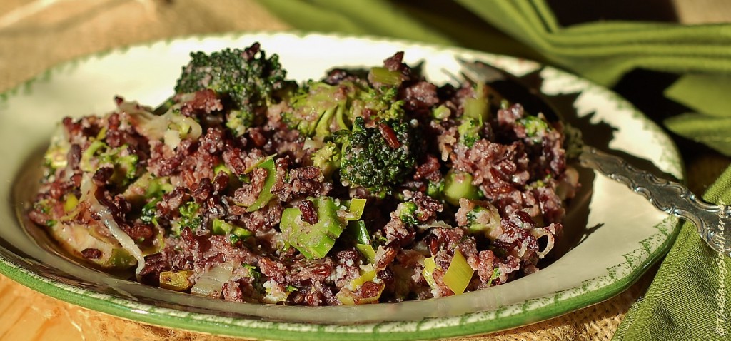 Broccoli and Black Rice Casserole recipe, five ingredient friday, ricotta, Parmesan, leeks