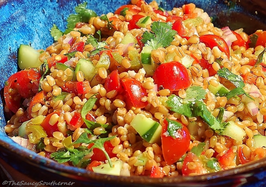 Wheat Berry Southwest Salad recipe, tomato, cucumber, red onion, red peppers, jalapeno, cumin, cilantro, lime