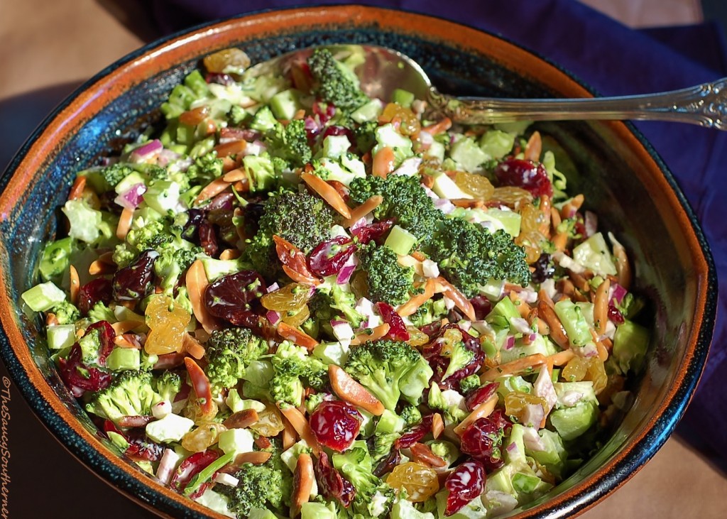 Southern-Style Broccoli Salad recipe, almonds, dried cherries, dried cranberries, raisins