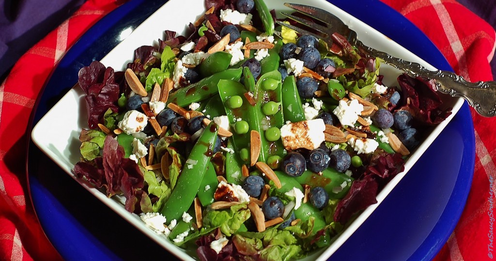 Snap Pea Blueberry Feta Salad recipe,  Balsamic Reduction, shallots, almond slivers, spring greens