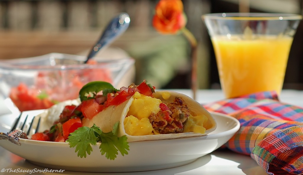 Red Bean Breakfast Burrito recipe, leftovers meal, Southwest flavors, pico de gallo