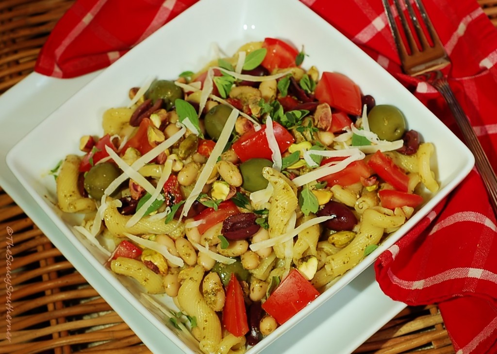 Pasta with Pistachio Pesto and White Beans recipe, herbs, tomato, olives, meatless