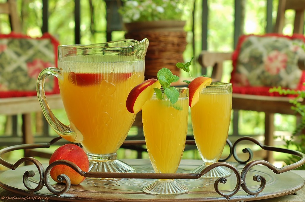Peach Sangria recipe, peach nectar, peach liqueur, white wine, orange juice, 