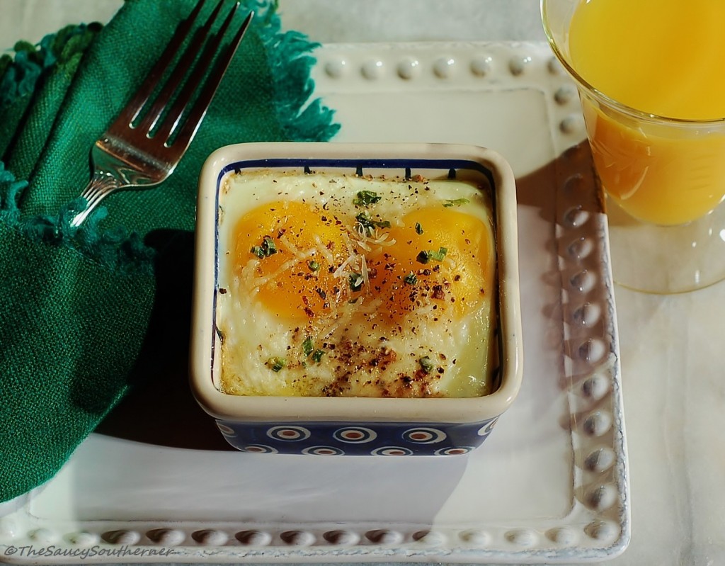 Shirred Eggs recipe, crusty bread base, heavy cream, butter, chives