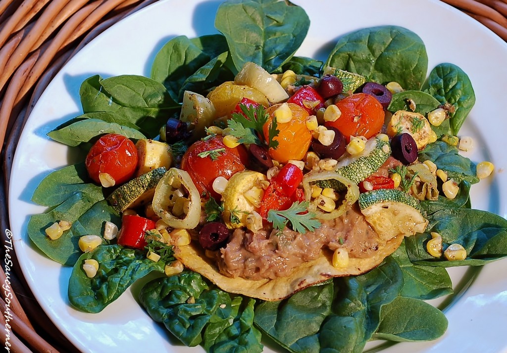 Refried Bean Tostada recipe, Meatless, Roasted Vegetables, simple