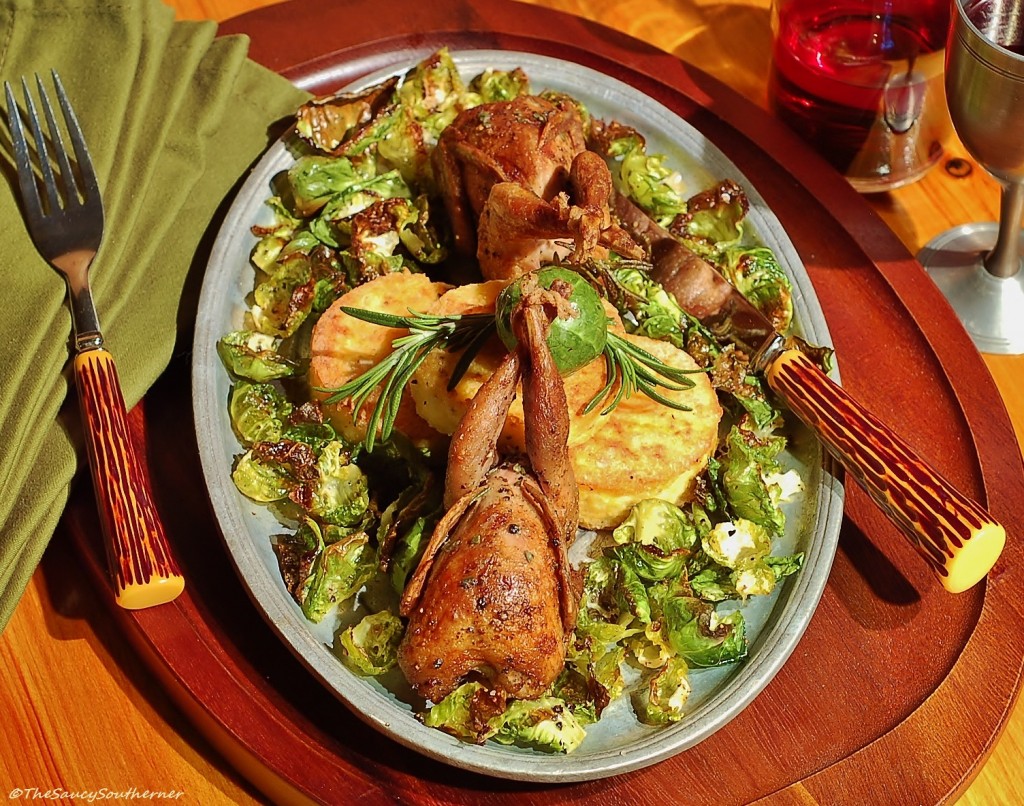 Roast Quail recipe, Garlic rosemary fried polenta recipe, Crispy Brussels Sprouts recipe, game recipe, elegant  easy dinner party food