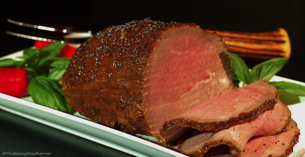 Peppered Beef Eye of Round recipe, marinated beef, tenderloin or eye of round roast, beef, party beef