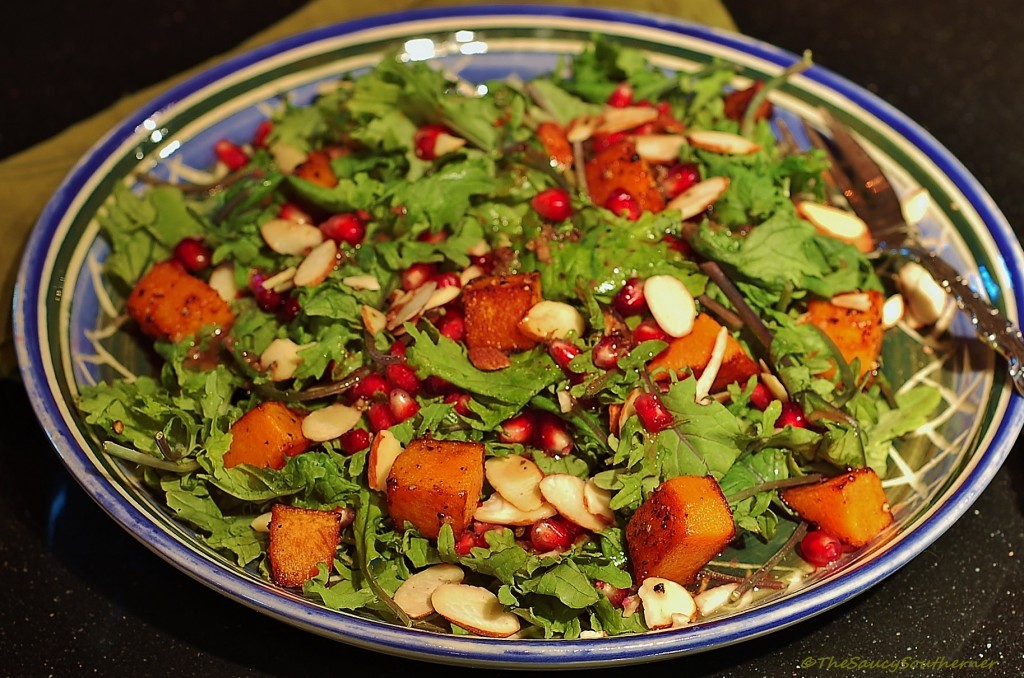 Kale Salad recipe, with Butternut Squash, toasted almonds, pomegranate seeds, balsamic vinaigrette, Meatless Monday, Meat-Free Monday, easy, quick, Fall Salad
