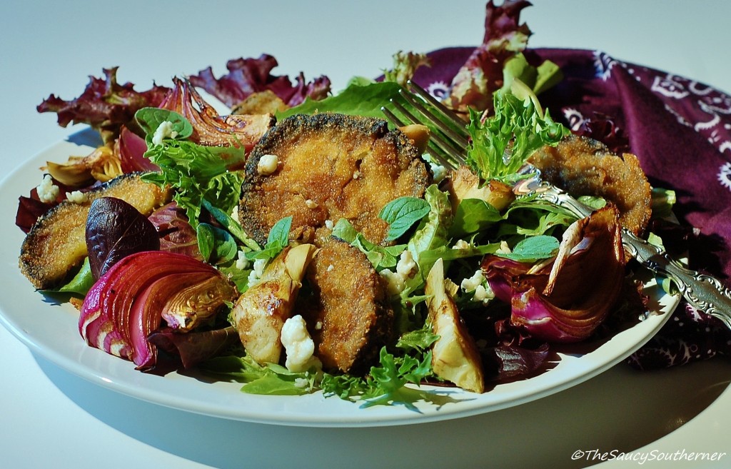 Eggplant Cutlet Salad with Balsamic Roasted Onion and Artichoke recipe, Dominex Eggplant Cutlets, feature recipe, Meatless Monday, Meat-Free Monday