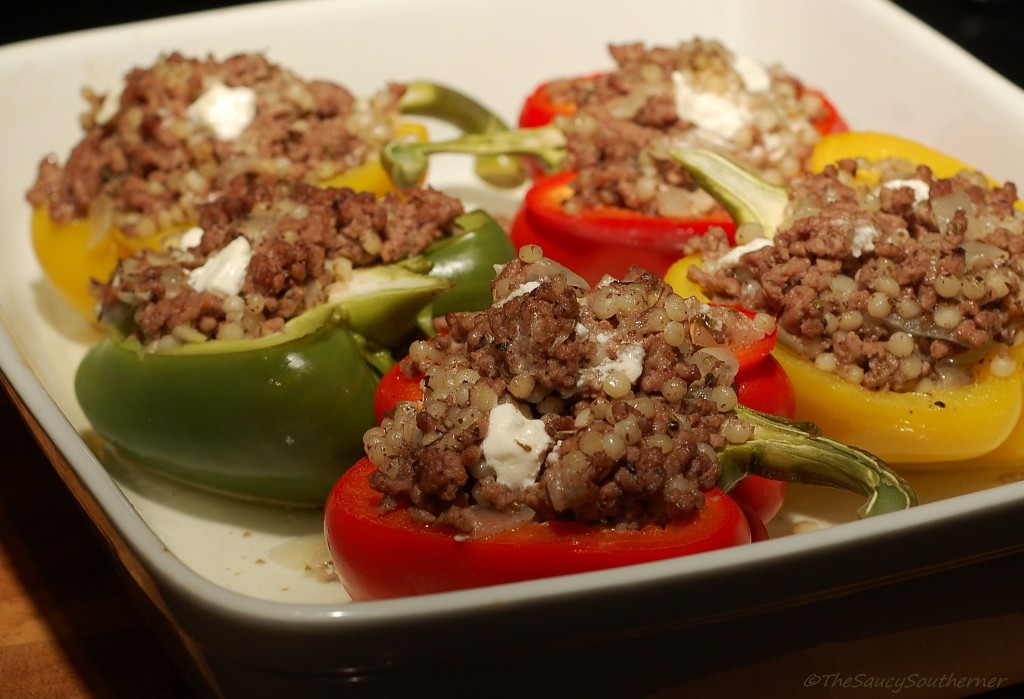 Mediterranean Stuffed Peppers recipe, Beef,  Lamb, couscous, feta, goat cheese,