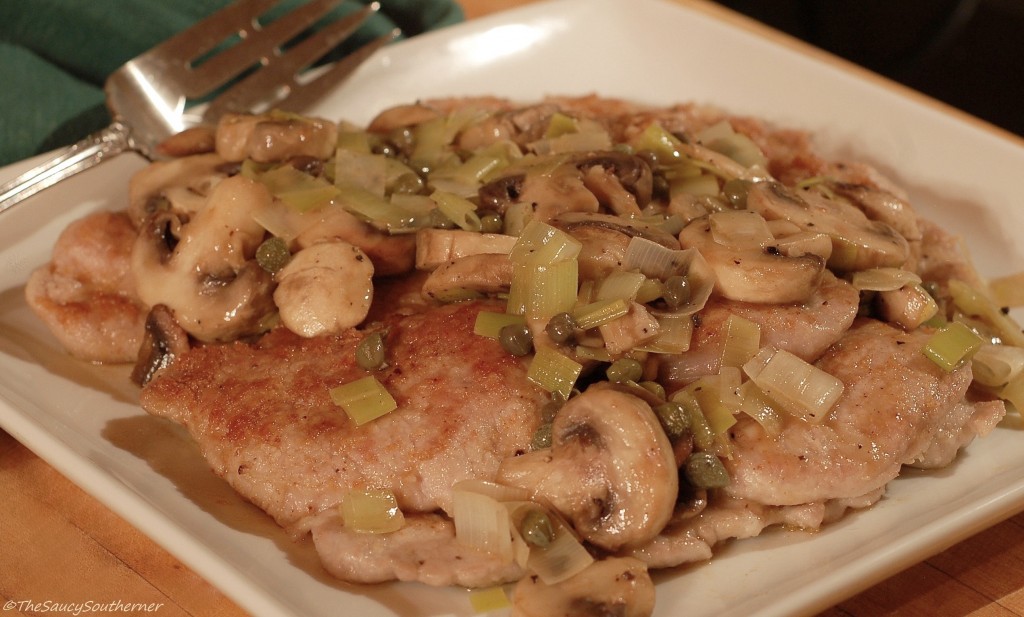 Pork Scaloppine with Mushrooms and Leeks recipe, wine, caper sauce