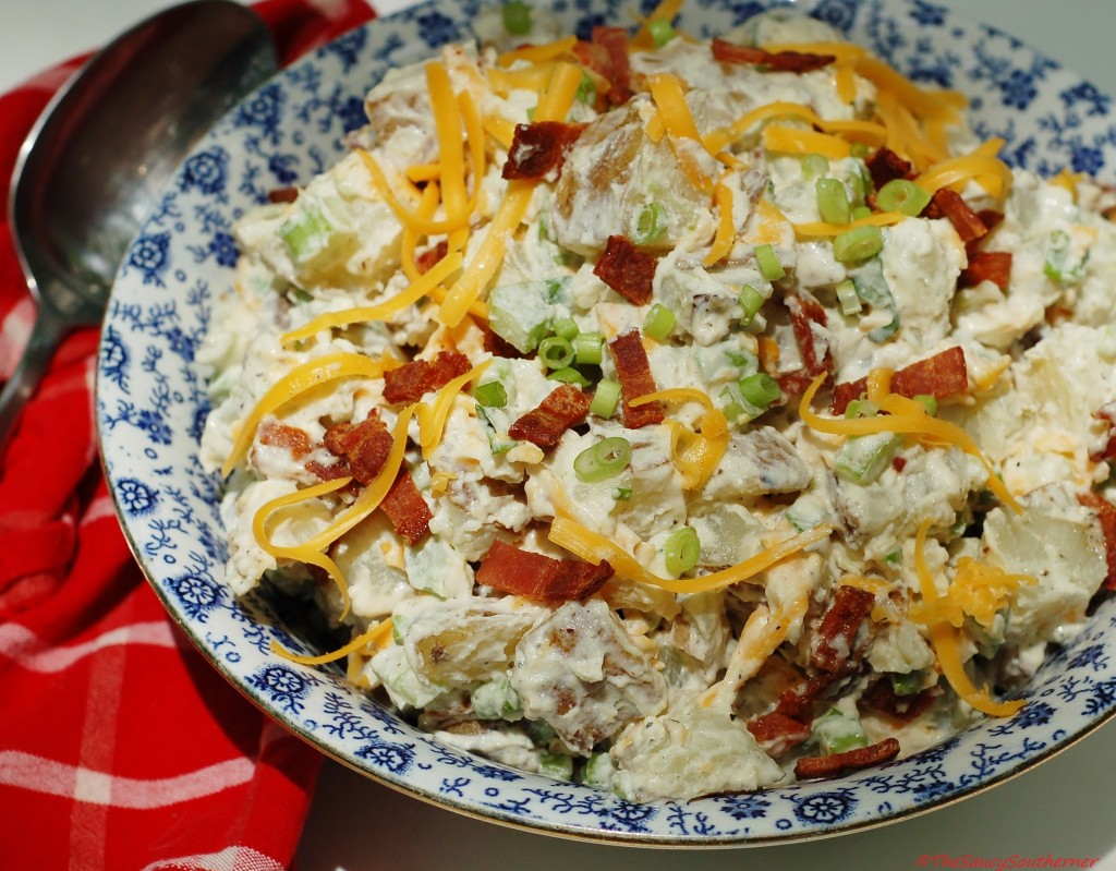 Loaded Potato Salad recipe, Bacon, cheddar, green onion, mayonnaise, Dijon mustard, sour cream