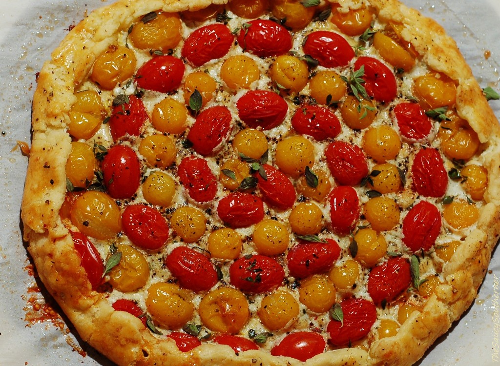 Burst Cherry Tomato Galette recipe, Semolina Galette Dough, Fresh Mozzarella, Goat Cheese, Fresh Herbs, The Saucy Southerner