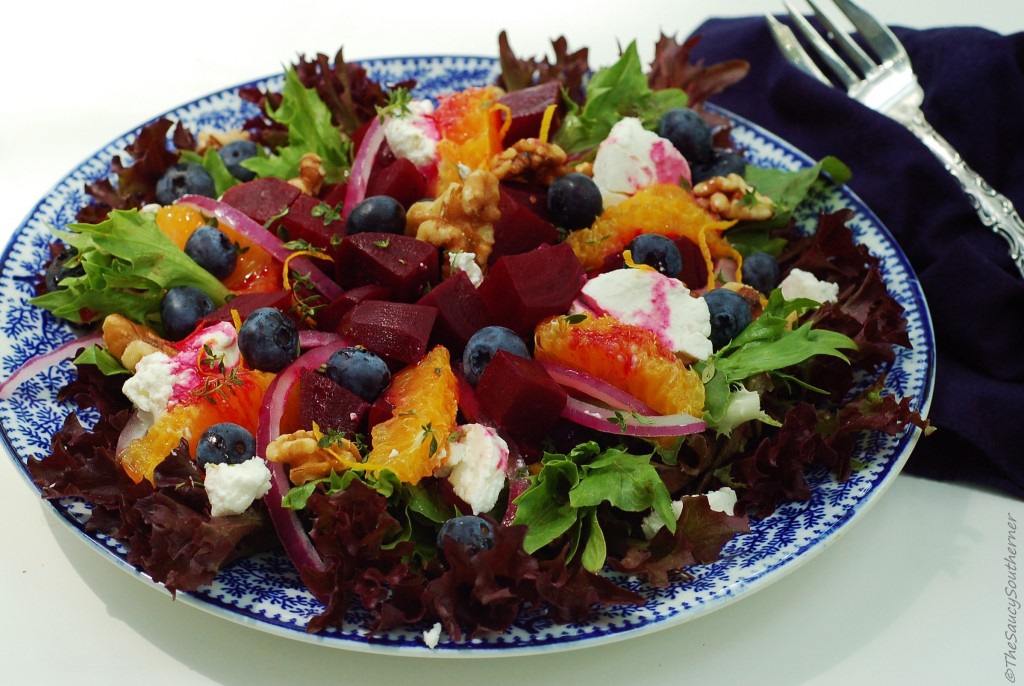 Orange Braised Beet Salad recipe, The Saucy Southerner, Meatless Monday, Goat Cheese, Walnuts, Blueberries, Orange Beet Champagne Vinaigrette