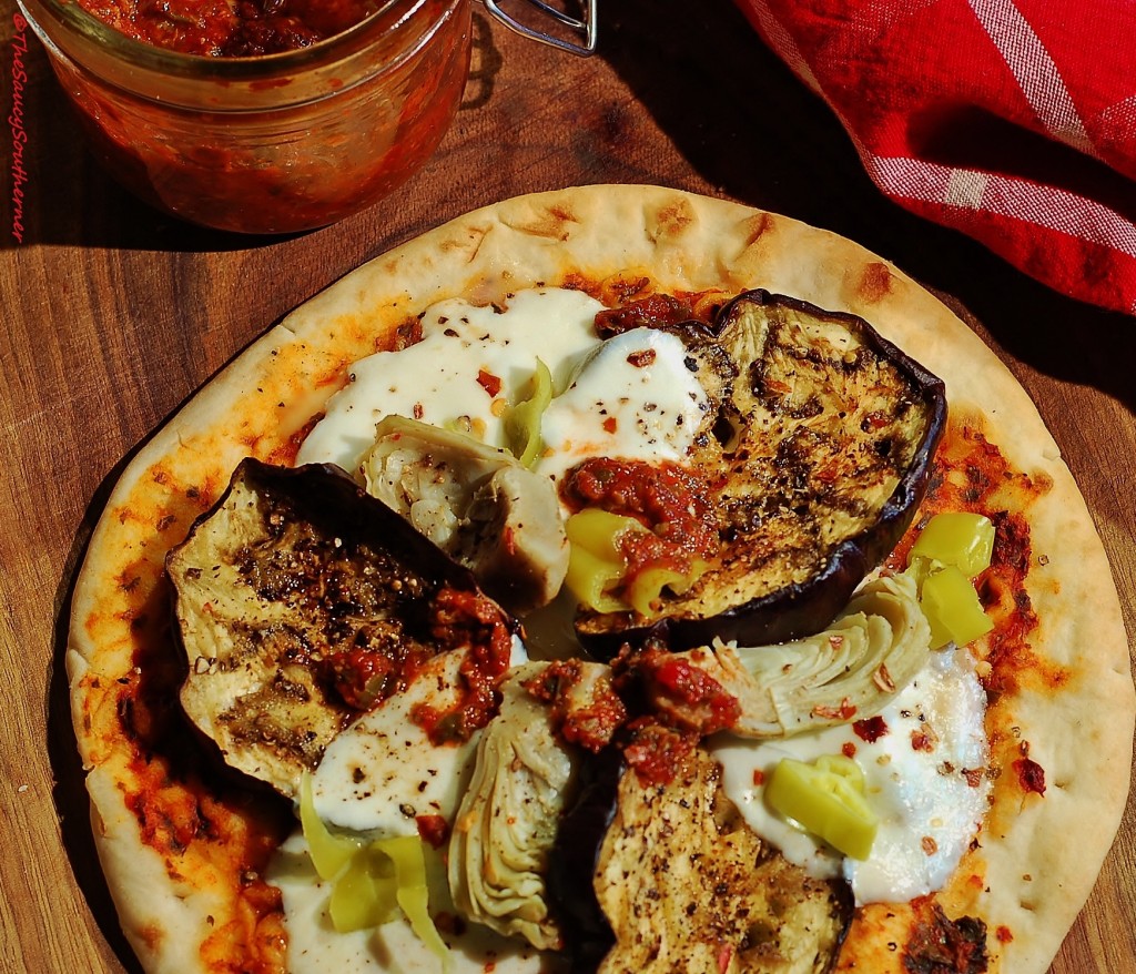 Flatbread Pizza with Eggplant Artichoke recipe, roasted eggplant pizza, roasted red pepper relish pizza