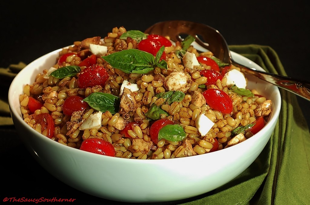 Kamut salad recipe, kamut caprese, whole grain caprese salad, kamut caprese with tomato mozzarella basil and balsamic vinaigrette