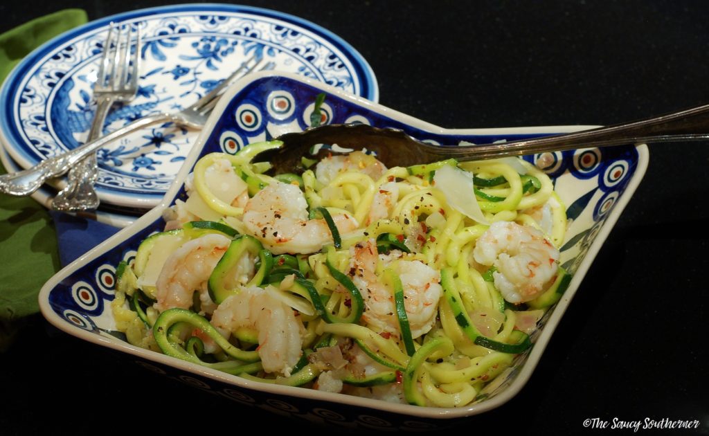 Shrimp Scampi recipe, Lightened Up Shrimp Scampi, Zucchini Noodles, Spiralized Zucchini Shrimp Scampi, Shrimp, Shallots, Garlic, Vermouth, Lemon Zest, Lemon Juice, Stock, Fewer Calorie Shrimp Scampi, Low Carb Shrimp Scampi
