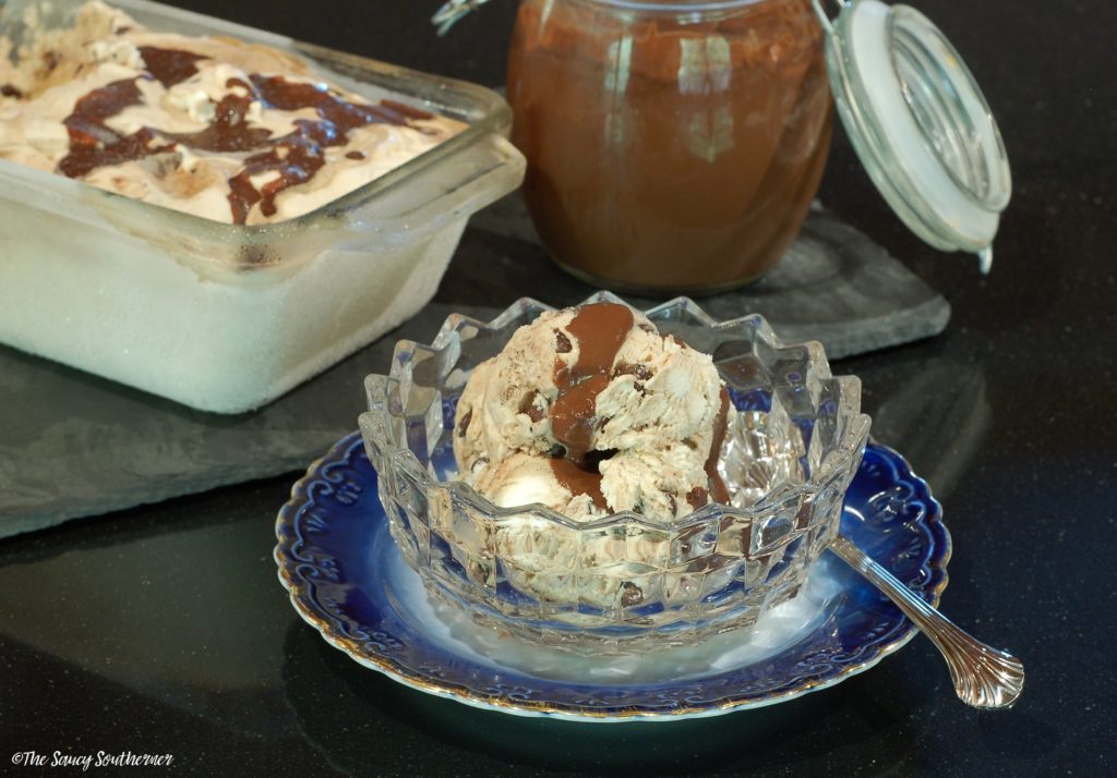 Mudslide Ice Cream Simple No-Churn Recipe, heavy whipping cream, sweetened condensed milk, simple three ingredient fudge sauce, chocolate chips, Kahlua, Bailey's Irish Cream, #Choctoberfest with Imperial Sugar