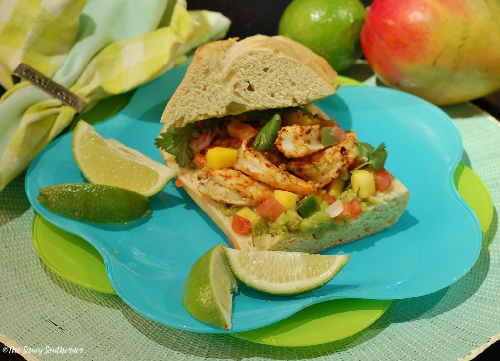Chili-Lime Shrimp Sandwich recipe, Mango Pico de Gallo, Avocado Mayonnaise, Fish Friday, 
