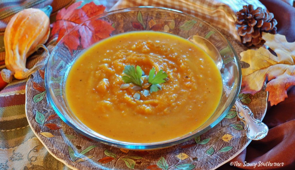 Roasted Butternut Squash Soup recipe, butternut squash, carrots, onion, garlic, sage, brown sugar, chicken stock
