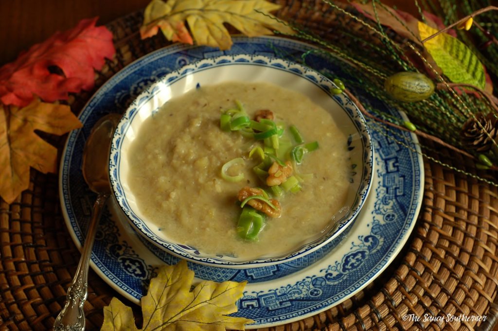 Parsnip Leek Walnut Soup recipe, Meatless Monday, extra dry vermouth, vegetable stock